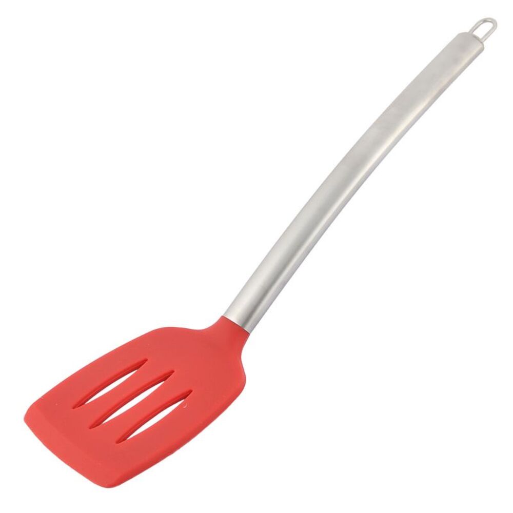 Silicone Slotted Non Stick Heat Resistant Turner Spatula Red Silver Tone